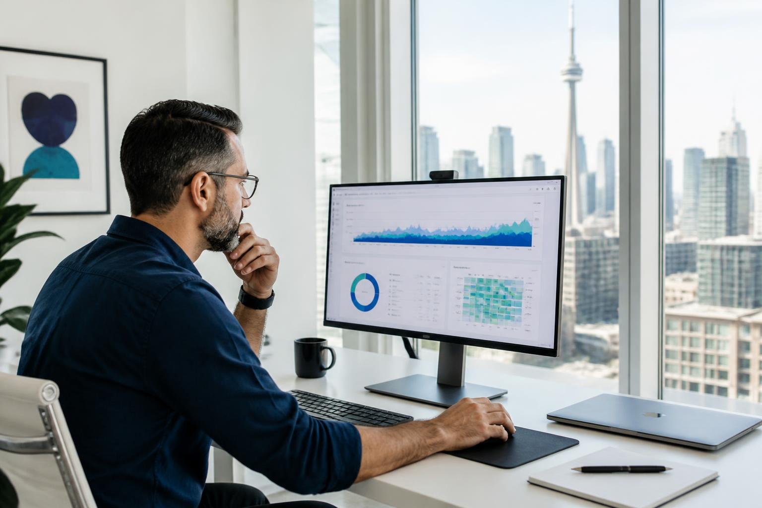 SEO strategist reviewing live ranking dashboards
